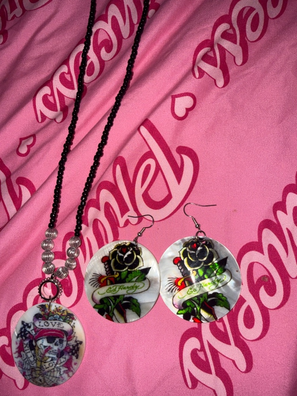 Ed Hardy Tattoo-Style Shell Necklace & Earring Set